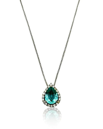 Necklace with a teardrop-shaped Sky Fusion Topaz pendant and a pavé setting.